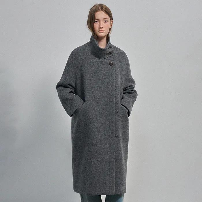 스탠드 하이넥 울 코트_Charcoal