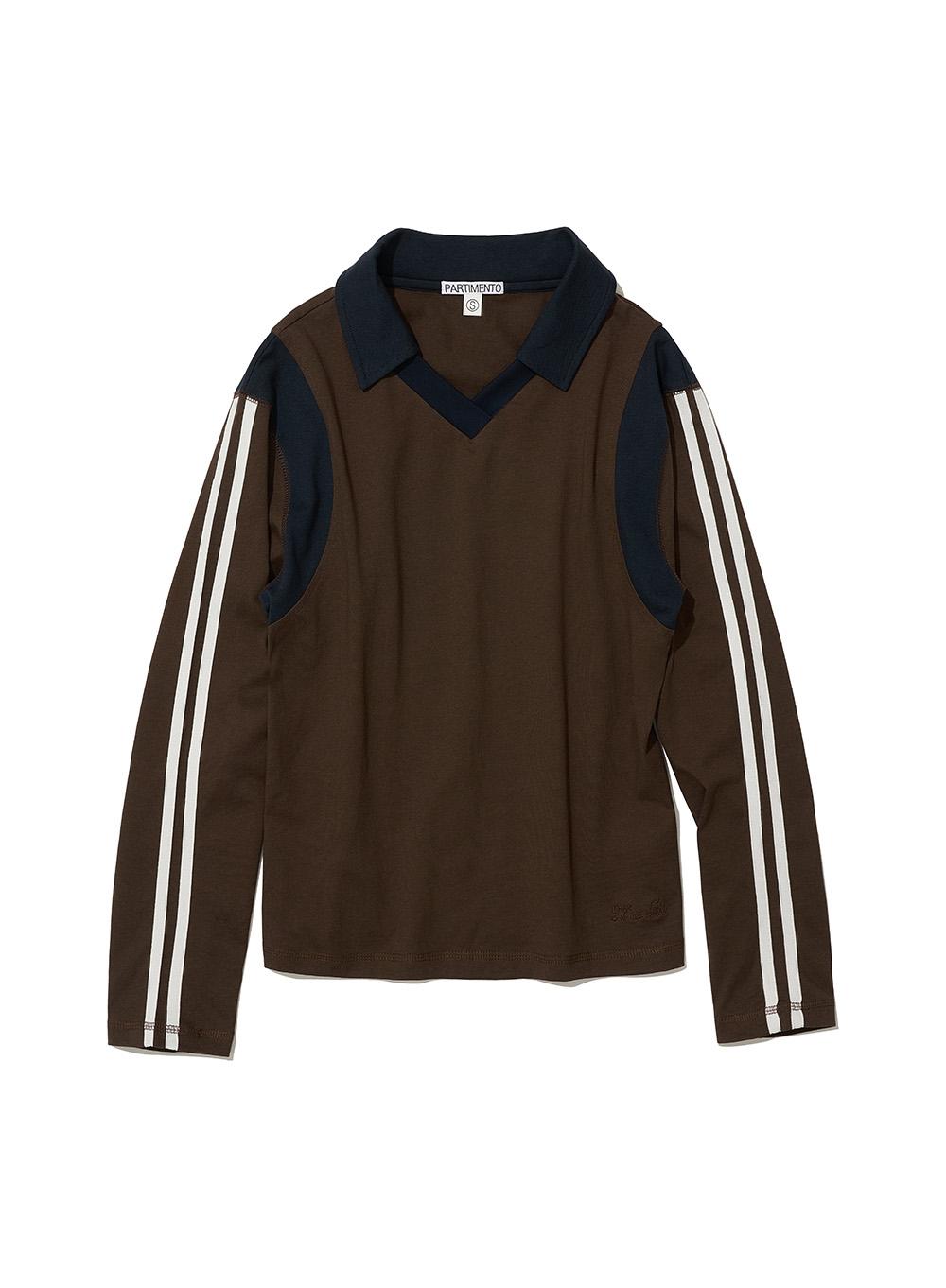 [WOMEN] STRIPED COLORBLOCK POLO TEE_BROWN