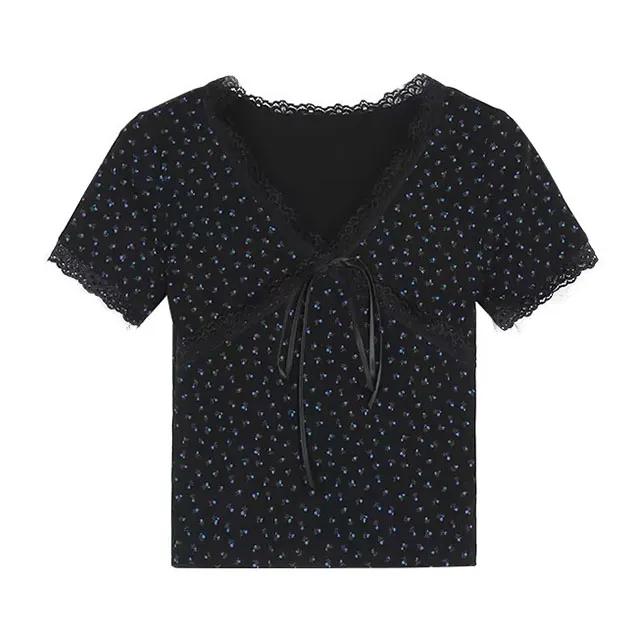(발레코어) 잔꽃 블랙 레이스 크롭 반팔