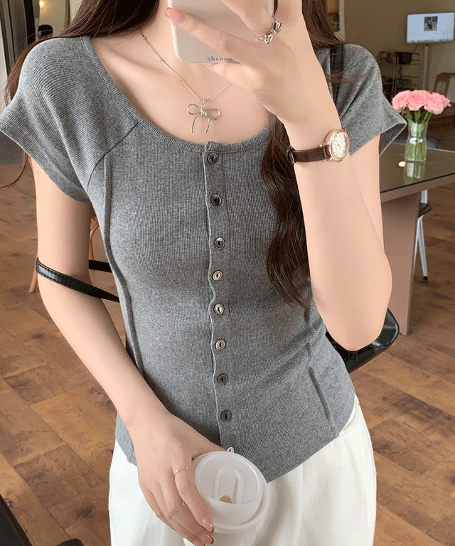 헤일리 버튼 골지 반팔 티셔츠(3color)