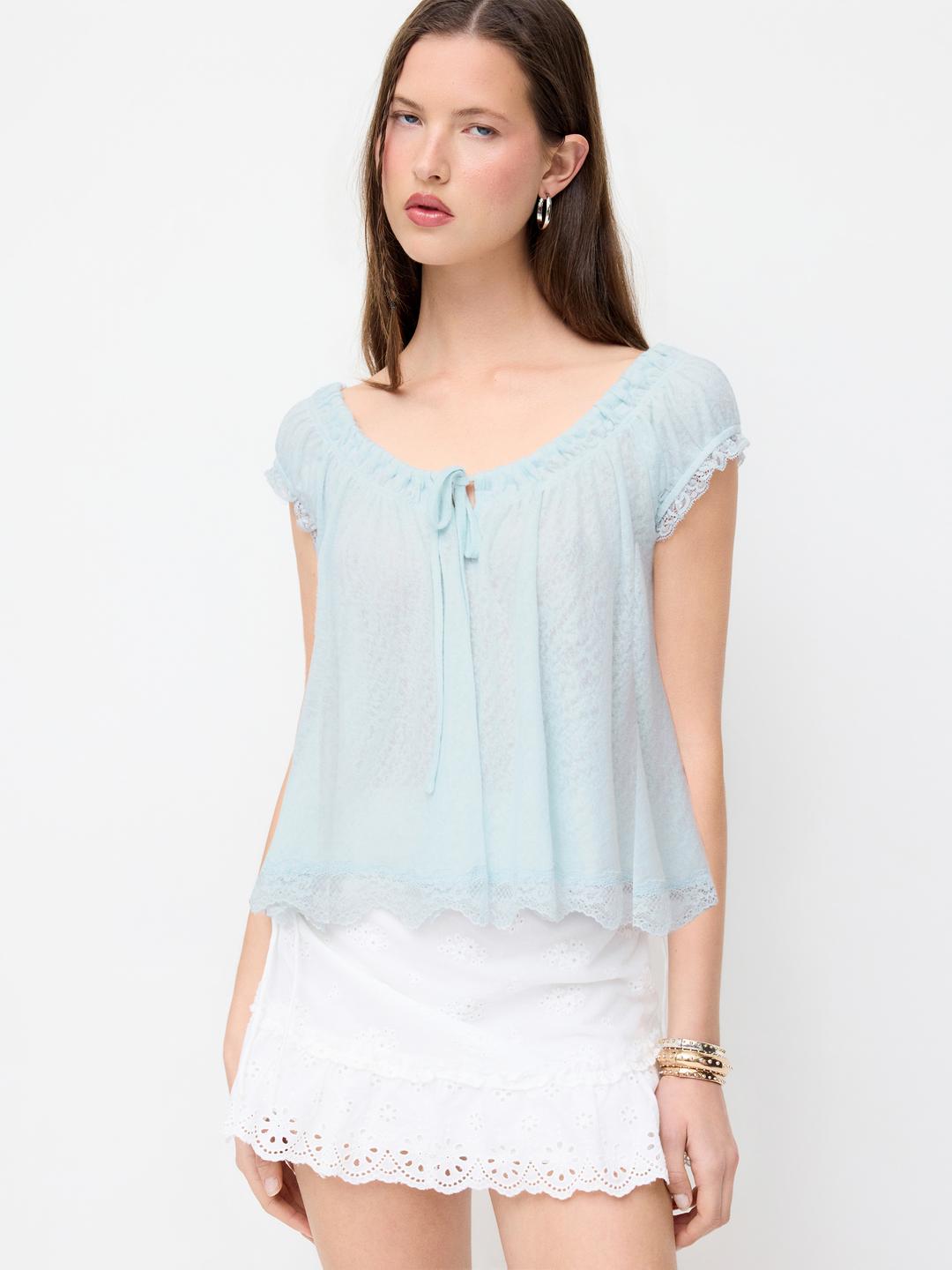 Textured Scoop Neck Drawstring Lace Trim Oversized Top