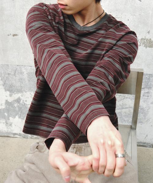 브이넥 스트라이프 롱 슬리브 : 2컬러