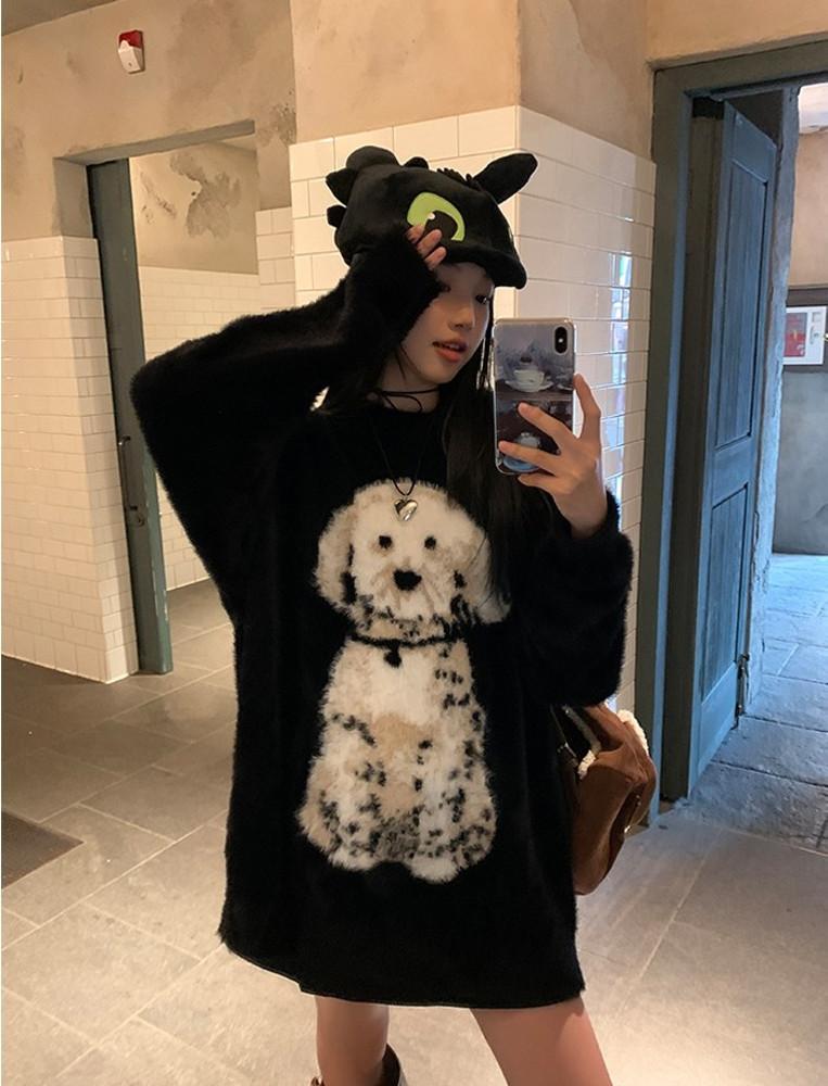 강아지패턴 롱니트 코디 루즈핏 롱니트티