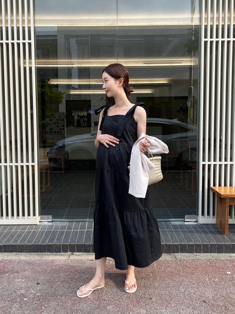 여름 임부복 만삭 주수 임산복 임산부 옷 나시 리본 캉캉 셔링 롱 원피스