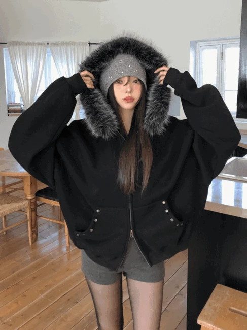 [주문량급상승] 코르 스터드 트리밍퍼 워머 후드집업