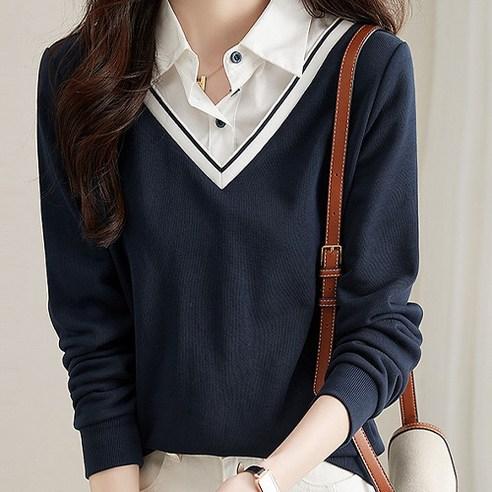 데일로엔 여성 셔츠 레이어드 브이넥 스웨트 긴팔 티셔츠 - 티셔츠 | 쿠팡