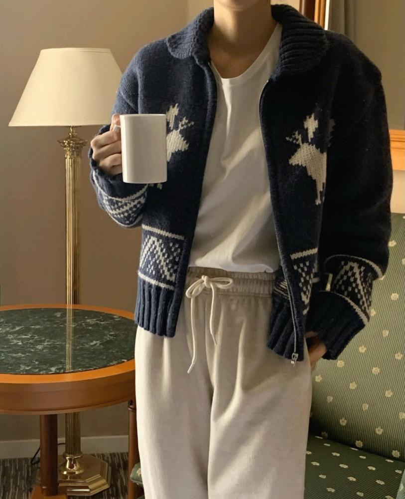 BR 디어 집업 니트 울 긴팔 사슴 자가드