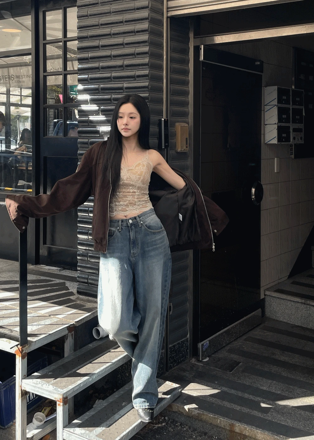 이더 캣브러쉬 워싱 중청 와이드 데님