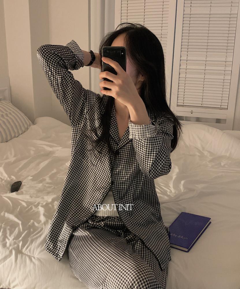 [커플]블랙 실크 체크 빅사이즈 파자마