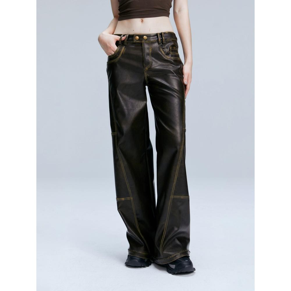 2th Desire 브라운 와이드 스트레이트 팬츠 로우 레더 가죽 바지