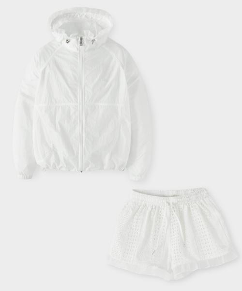 [Set-Up]시어 프릴 후디드 윈드브레이커+펀칭 쇼츠_Pure  White