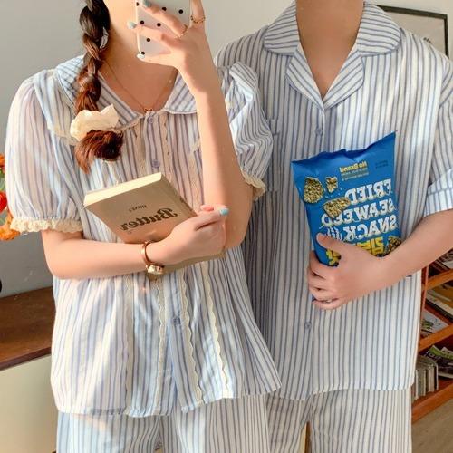 오로니 프릴 스트라이프 반팔 커플 잠옷 레이스 여성 공주 여름 신혼 빅사이즈 남자 파자마