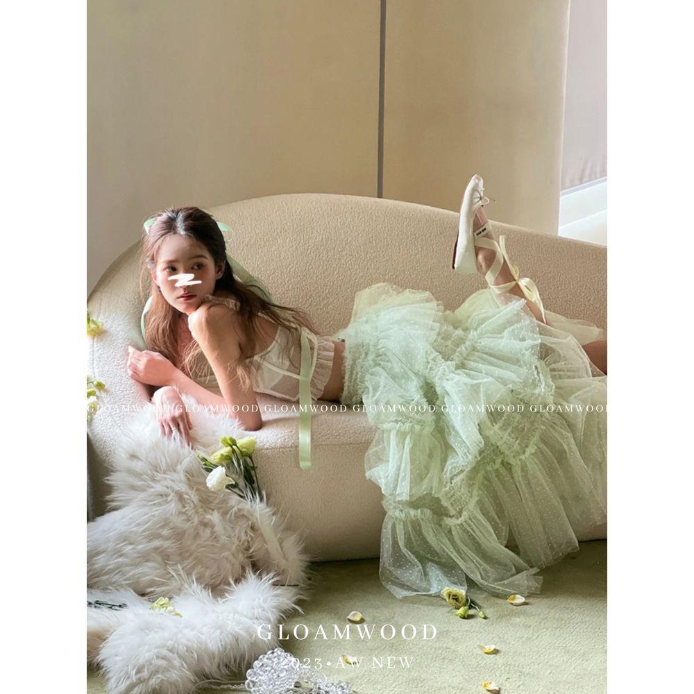 발레코어룩 발레룩 레이스 망사 그린 롱스커트