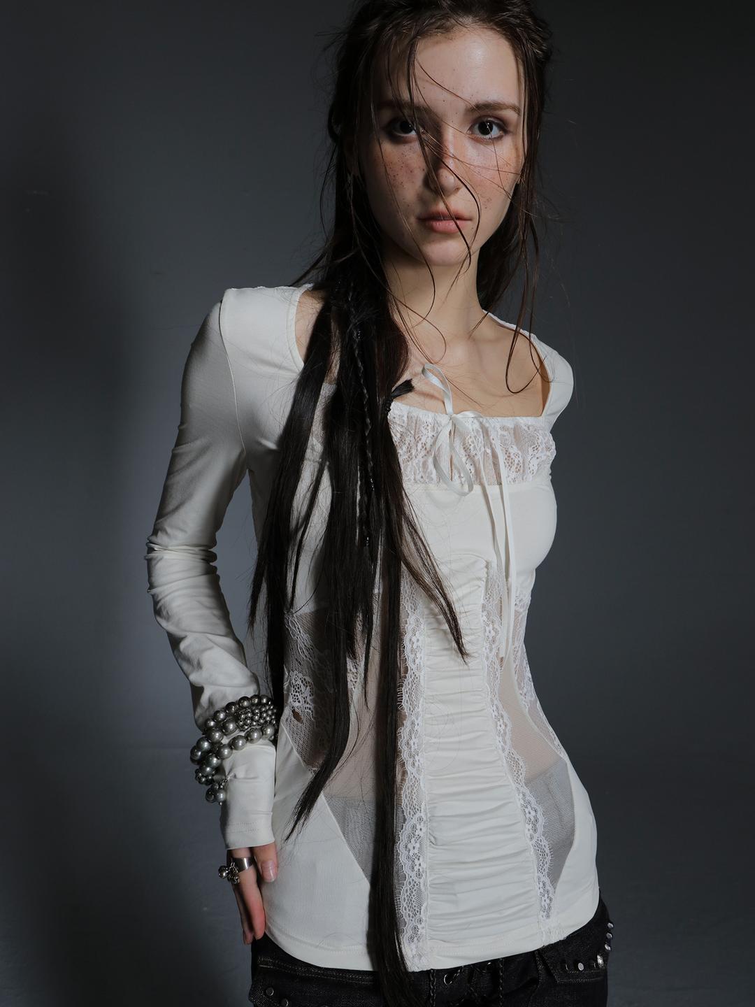 Double Punch Mesh lace romantic square neck long sleeve