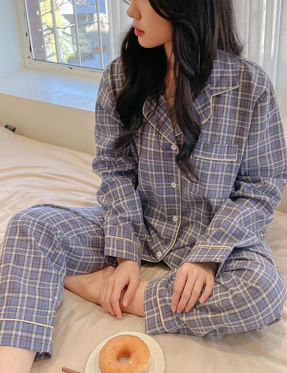 어나더디잠옷 💙패션파자마💙긴팔 라벤더체크 여성 잠옷 상의 하의 세트 긴팔 긴바지 파자마 파티 홈웨어 이지웨어