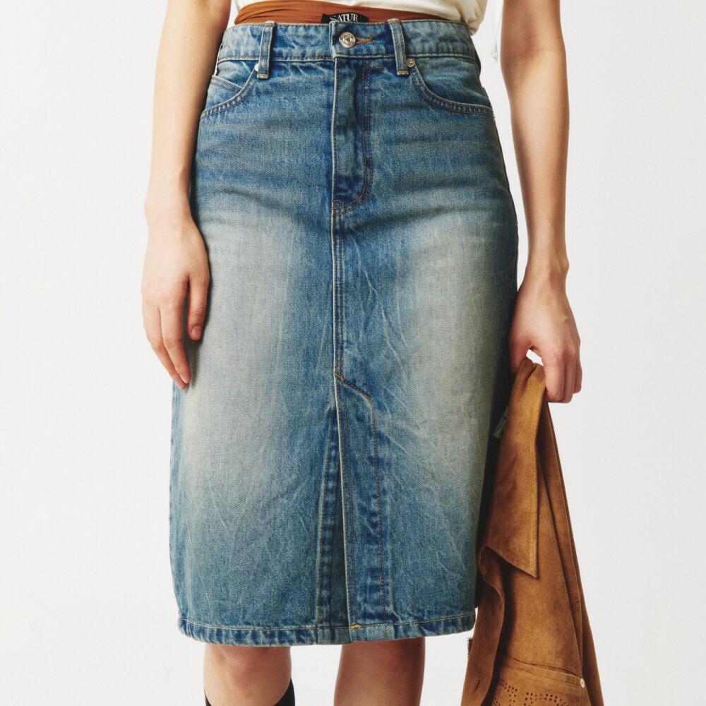 Marradi Denim Midi Skirt - Crinkle Washed Blue