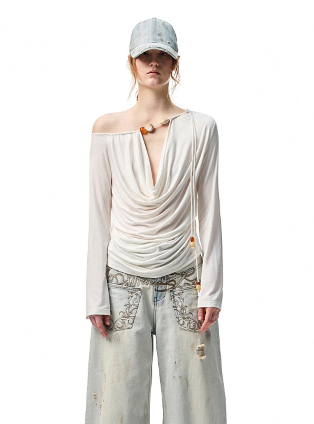 Deep V-Neck Pearl Off-Shoulder Top (2color)