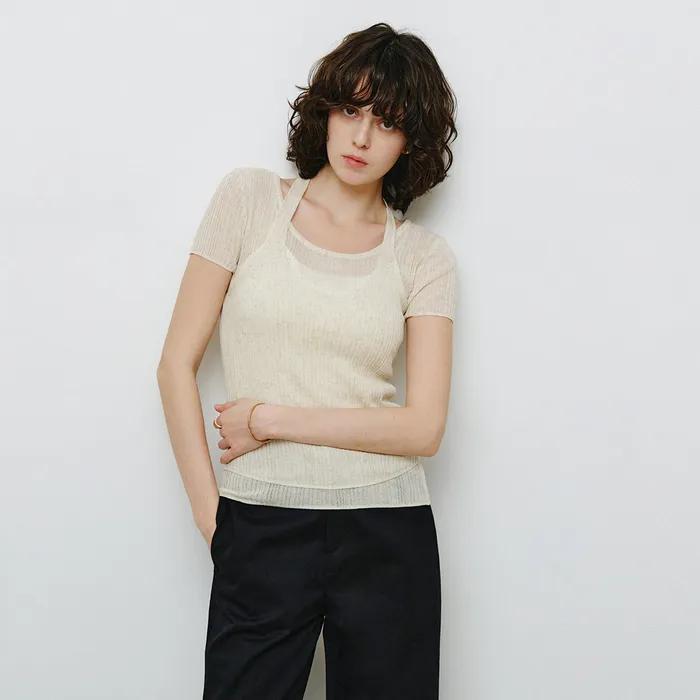 [SET] 골지 홀터넥 나시 & 반팔 니트 오트밀 MDKT129OATMEAL