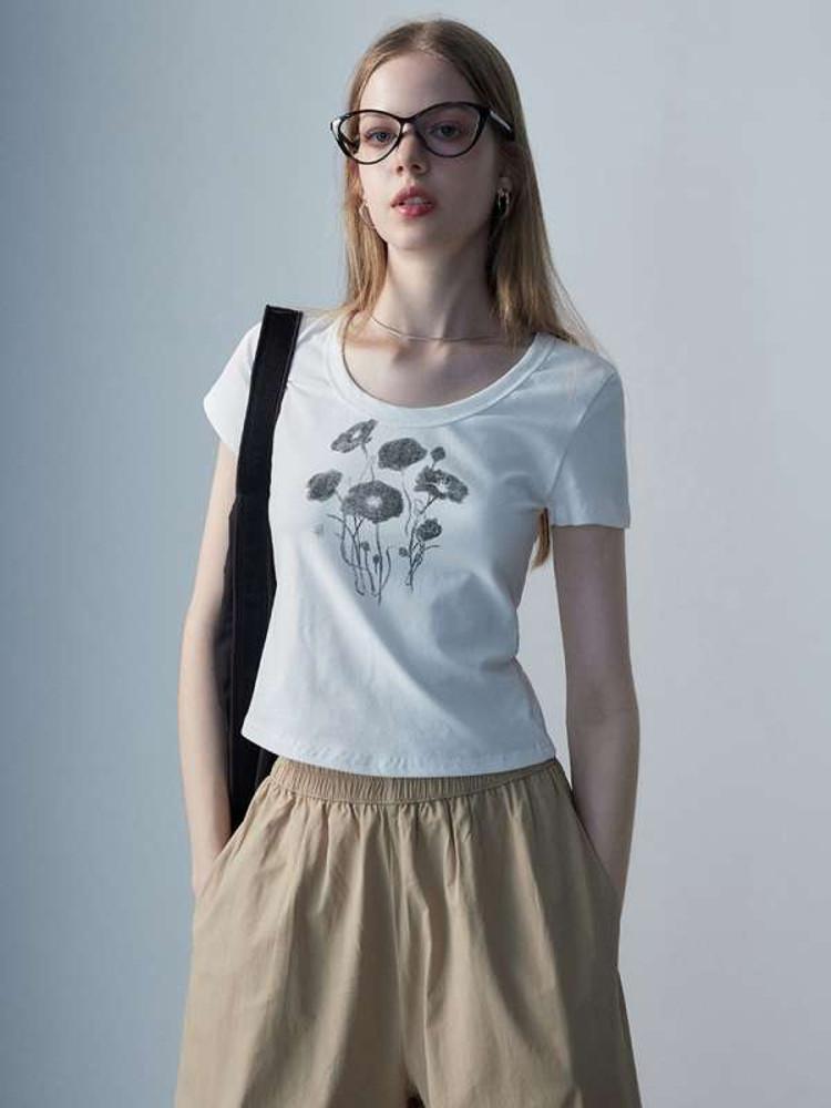 EGGKA 티셔츠 솔리드 컬러 U 넥 프린트 반팔탑