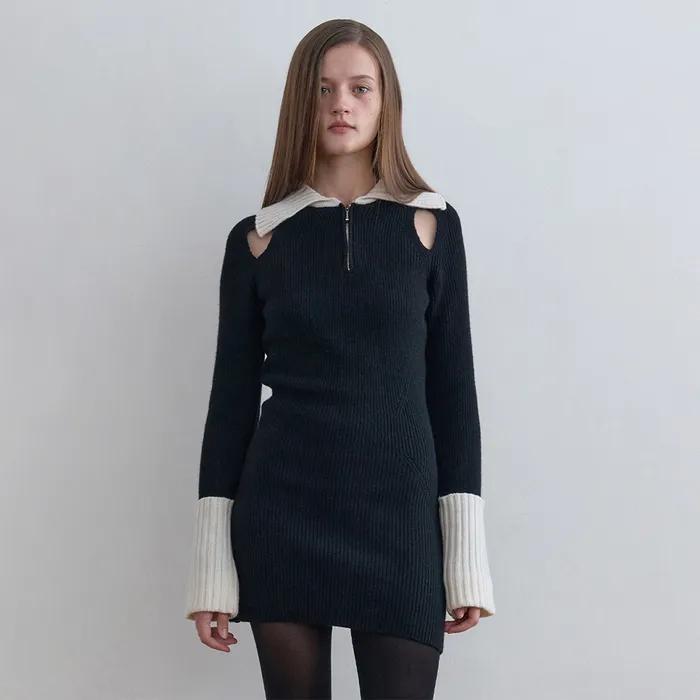 Half Zip-Up Knit Dress Black