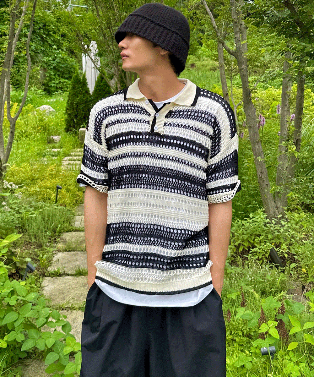 단가라 네트 카라 반팔 니트T 1C