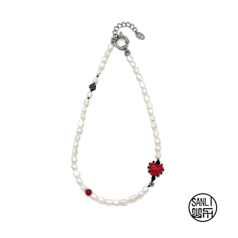 Heart mix pearl necklace (red)