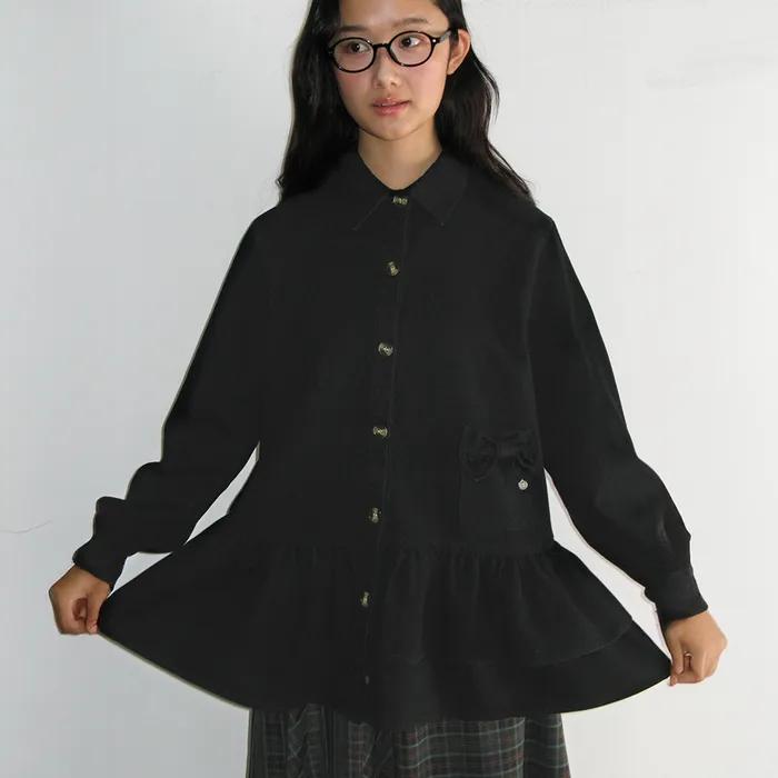 RIBBON POCKET FRILL DENIM SHIRT BLACK