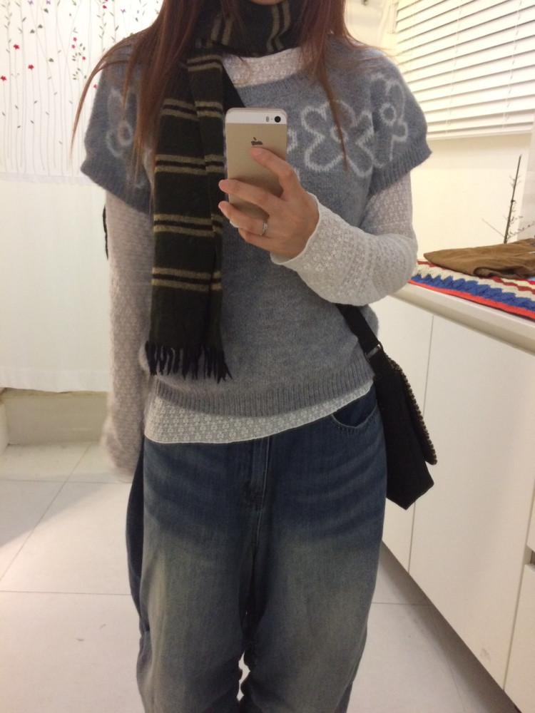 플라워 울 빈티지 레이어드 퍼프 반팔 니트 (2 color)