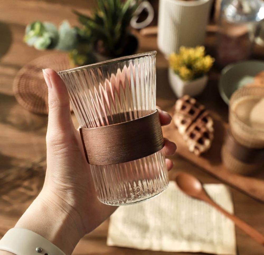 아이스커피잔 홈카페 내열 유리컵 맥주잔 우드홀더포함 310ml