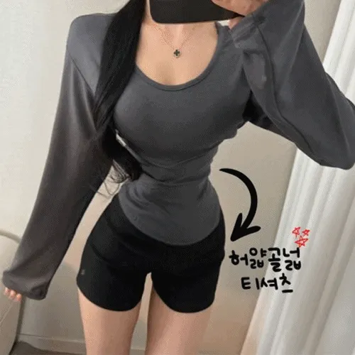 ❤️빠른배송❤️허얇골넓 ❤️허리쏙 글램 u넥 슬리브 긴팔 티셔츠