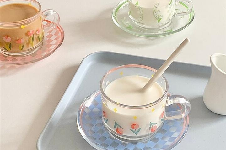 플라워 유리 찻잔 세트 (3colors) 레트로 홈카페 유리컵 우유컵 커피잔
