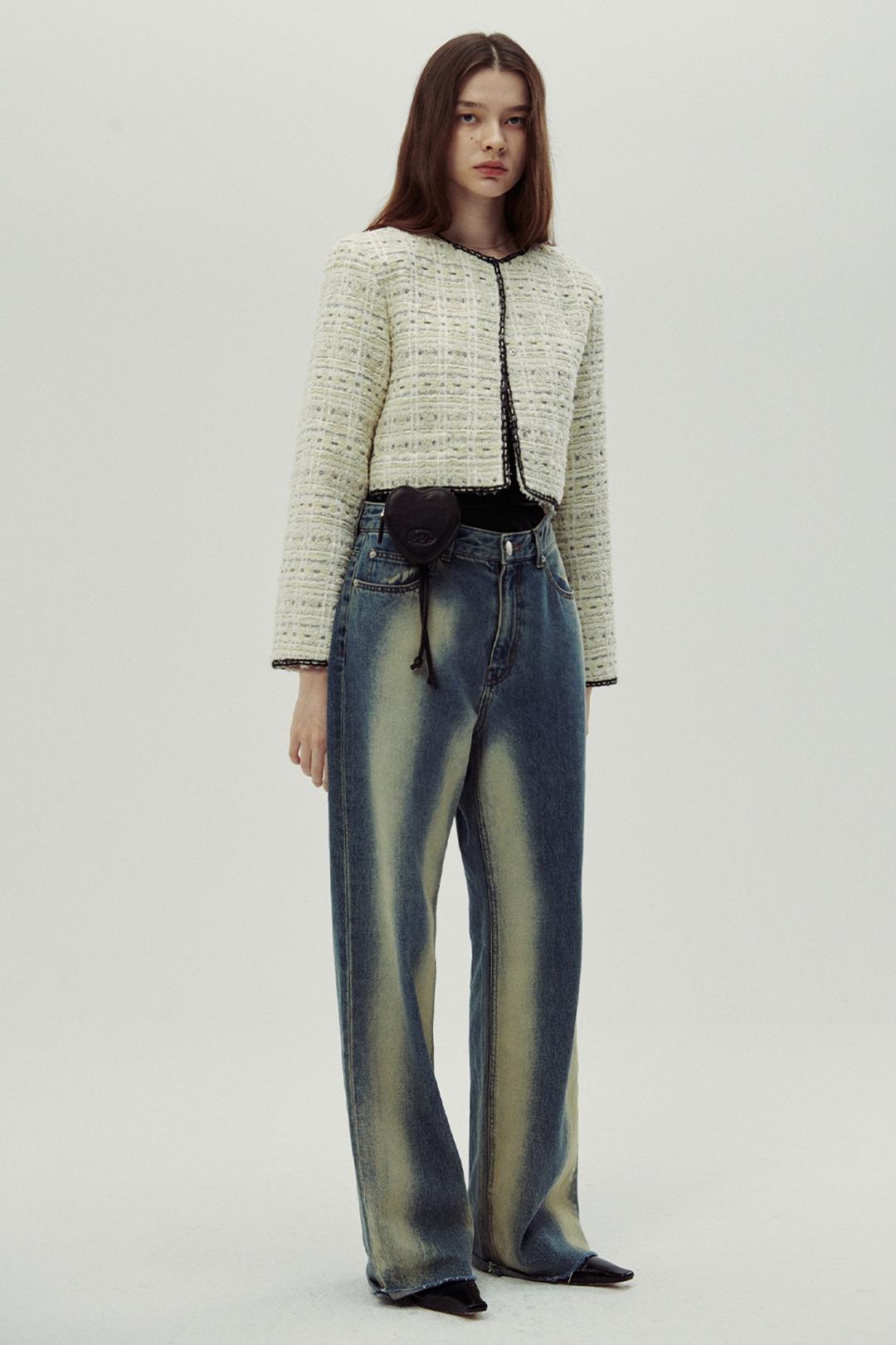 COLLARLESS SHINE TWEED JACKET