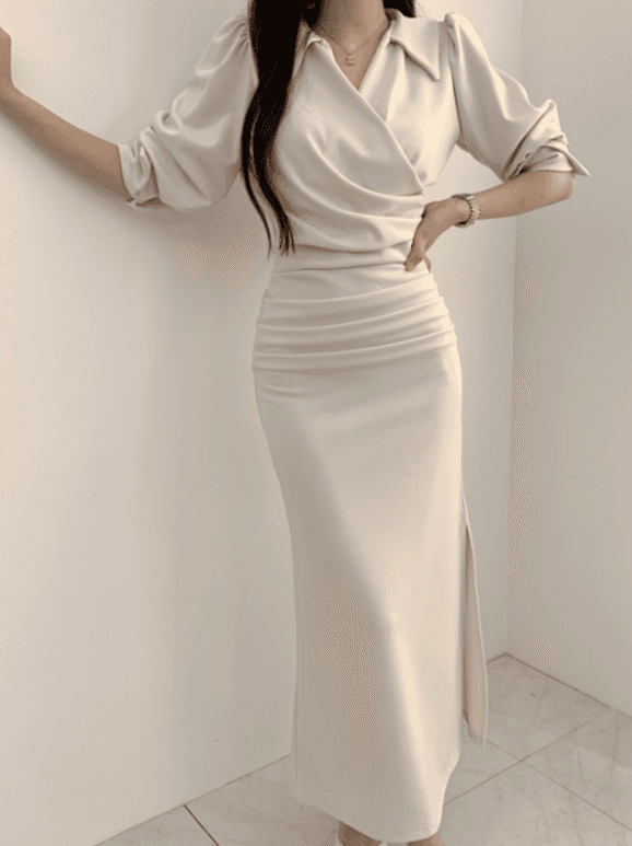 *스판짱짱*꼼데 카라 브이넥 랩 셔링 옆트임 롱 정장 하객 퍼프 원피스 6color