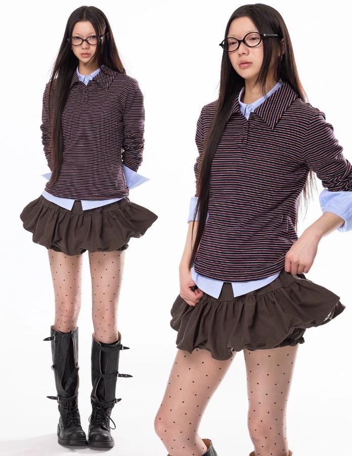 JIKOO 폴로 카라 스트라이프 긴팔 티셔츠 (블랙 레드)