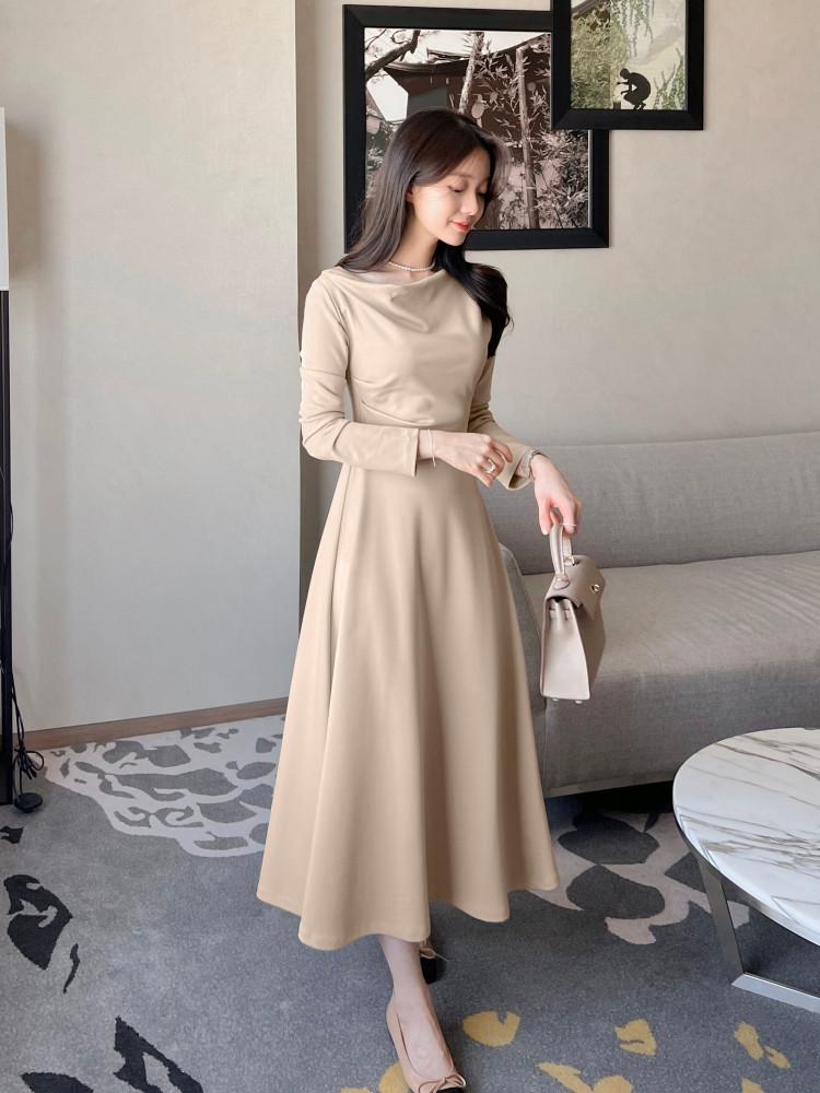 런던 보트넥 드레이프 셔링 플레어 롱 원피스 2color