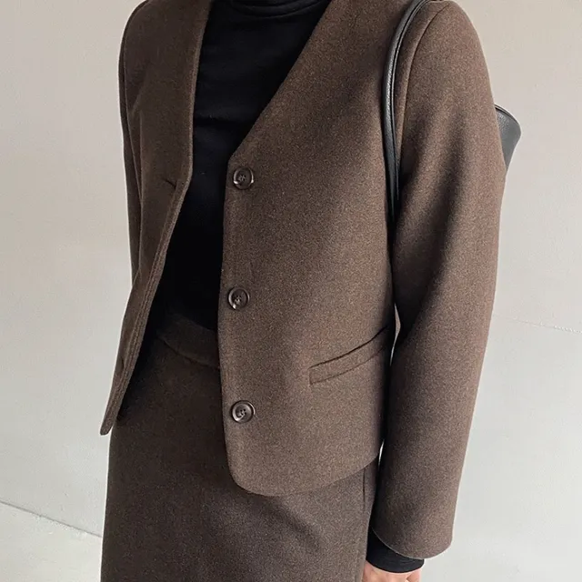 소피 브이넥 노카라 울 숏 자켓