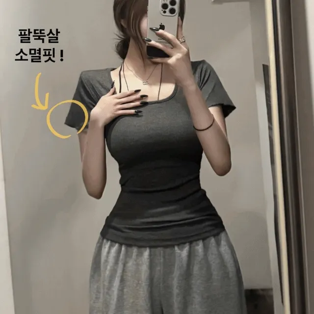 +영상핏 [팔뚝살소멸!/잘록허리] 모짜치즈핏 스퀘어 딥유넥 골지 반팔 잘록티