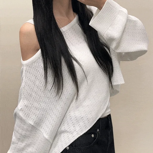 [여름니트🖤/어깨포인트!] 무민 스카시 원숄더 루즈핏 썸머 니트 여름긴팔 살안타템 바캉스 휴가 빅사이즈