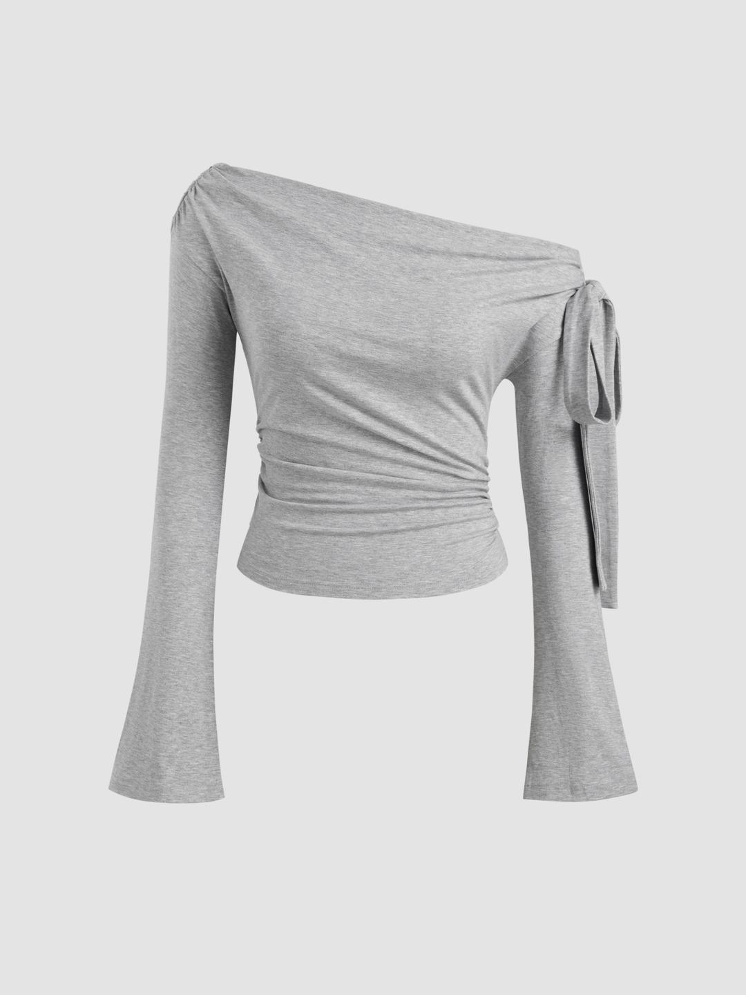 Off-shoulder Solid Knotted Ruched Long Bell Sleeve Top