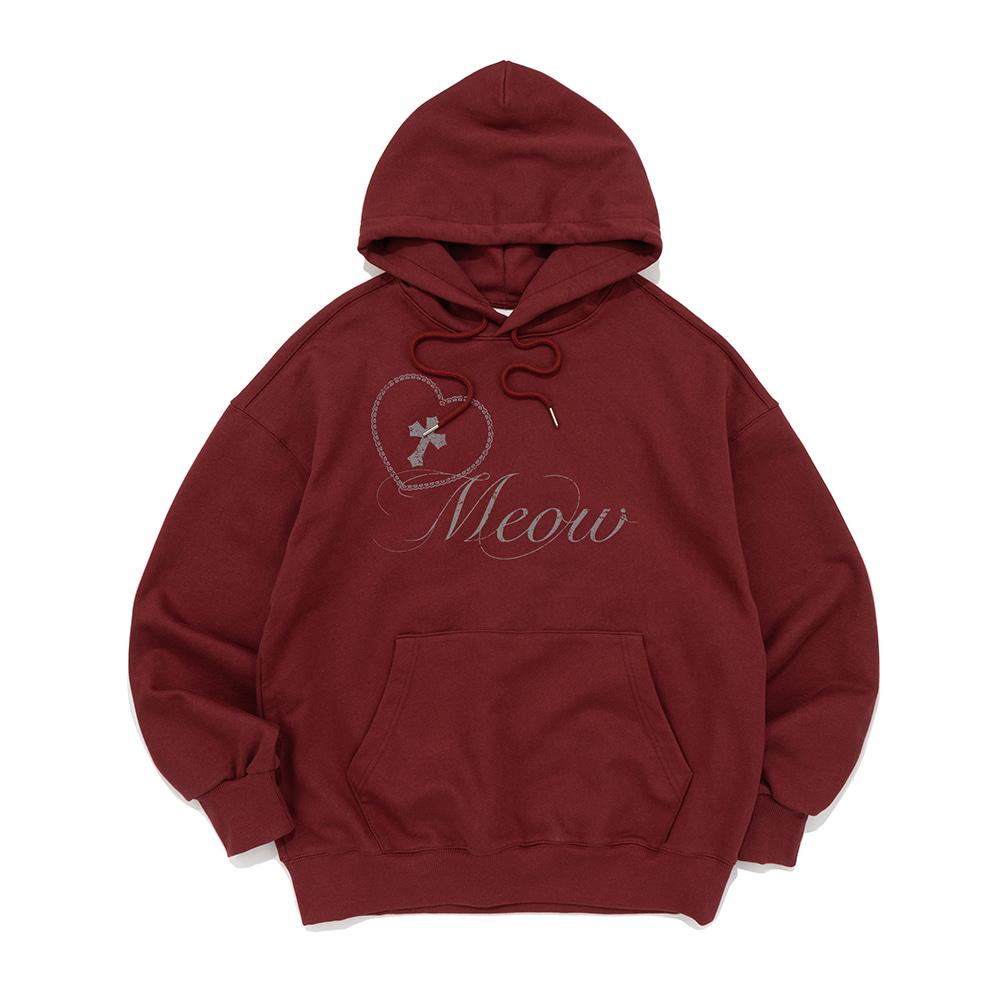 CROSS HEART MEOW PRINT HOODIE (BURGUNDY)