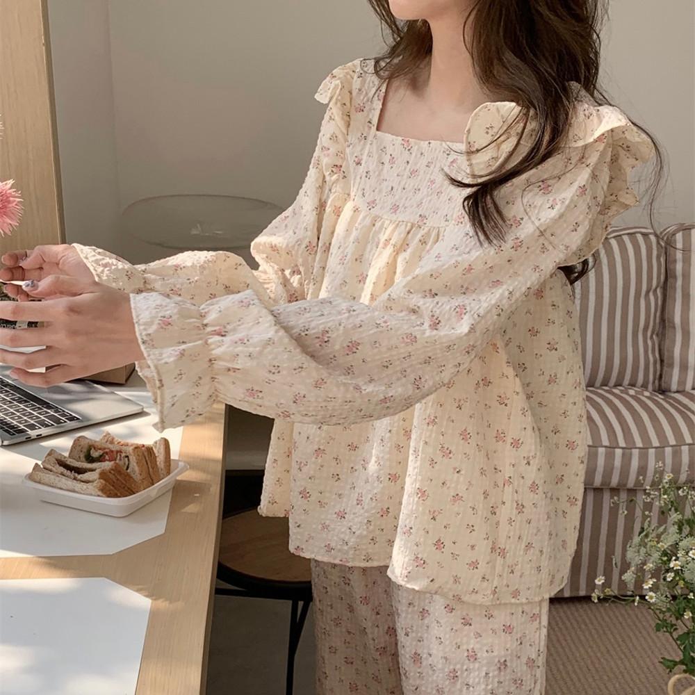 [당일출고 / 소량입고] 긴팔 아띠 플로럴 스퀘어넥 지짐이 투피스 파자마 세트