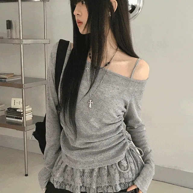 [린넨/레이어드세트🖤] 카야 원숄더 리본 셔링 레이스 시스루 살안타템 나시 긴팔 티셔츠 3color