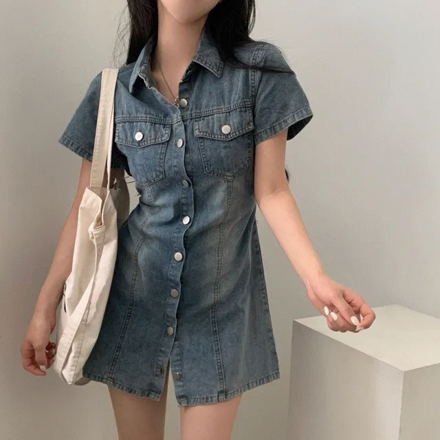 당일발송｜[허리끈O/예쁜라인] 필립 데님 단추 반팔원피스 - 2color