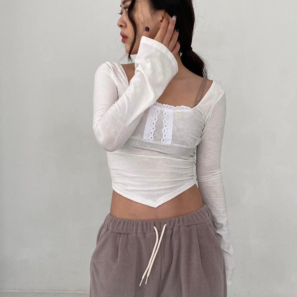 레이스 남색 스퀘어넥 셔링 벌룬 프릴 크롭 꽃무늬 빈티지 봄 흰 티 티셔츠