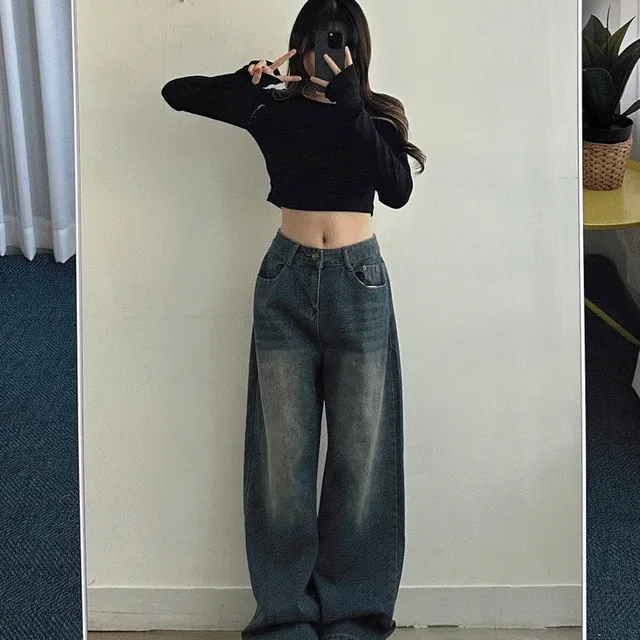 [인생바지/허리조절0/남여공용] 뒷벨트 워싱 와이드 청바지