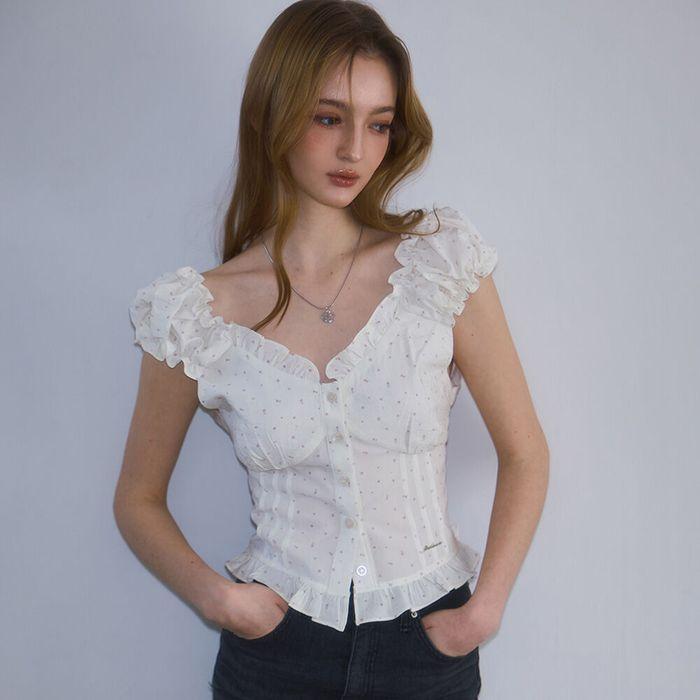 Frill Shirring Sleeveless [Flower]