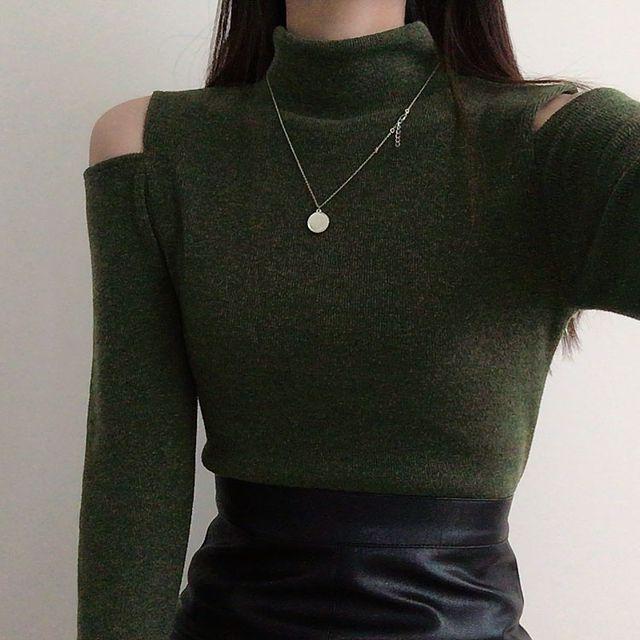 (은근포인트) 어깨트임 반목 니트 / 여리섹시 슬림핏 목티 / 꾸안꾸룩 / 목폴라 반폴라 터틀넥 무지 긴팔티_이거든