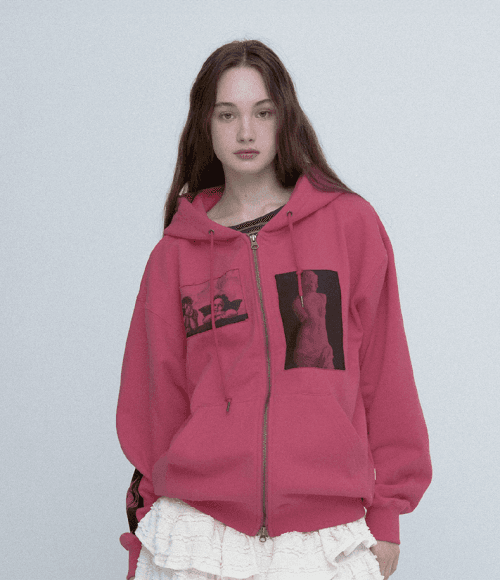 GRAPHIC APPLIQUE ZIP-UP HOODIE (PINK)