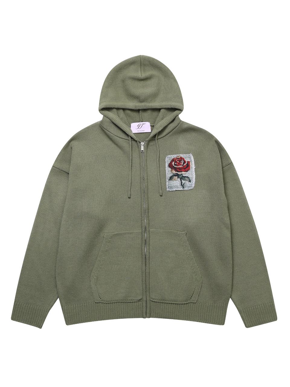 Rose Patch Hoodie Zip-up Khaki