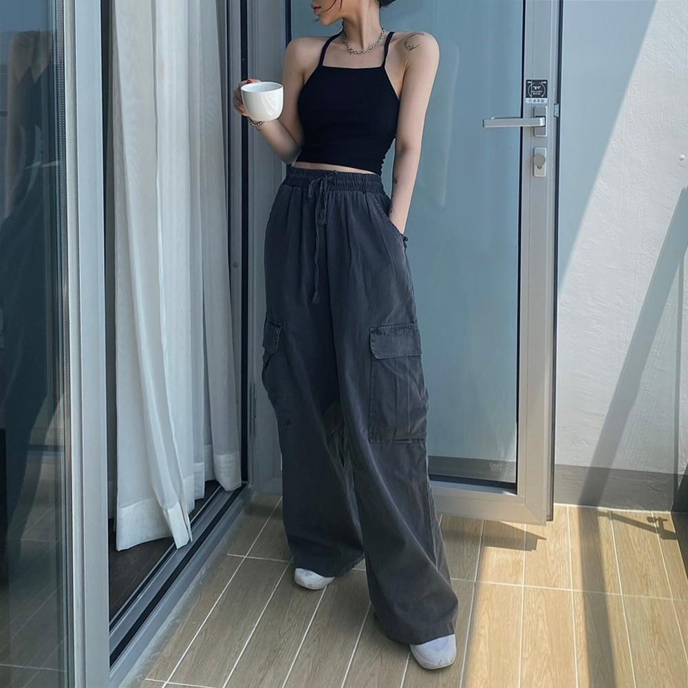 여자 여성 아메카지 카고 와이드 피그먼트 피그 면 밴딩 포켓 워크 팬츠 바지